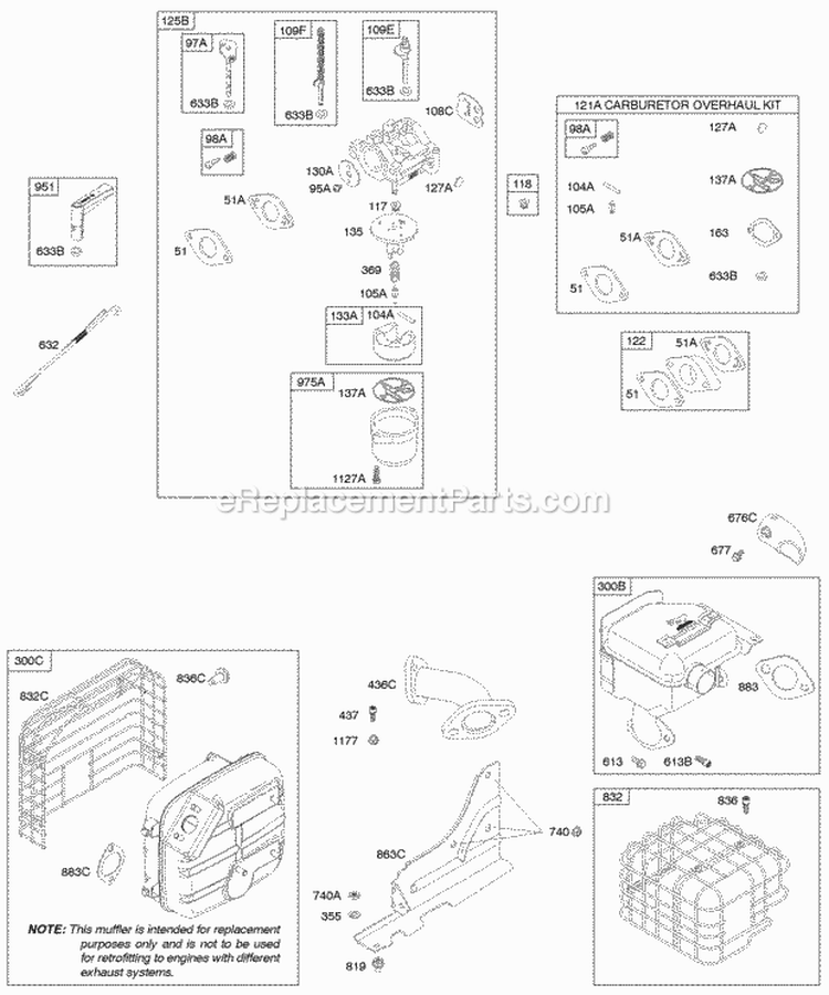 Carburetor Exhaust System Kit - Carburetor Overhaul Diagram and Parts List for 21C214-0111-E1  Briggs and Stratton Engine